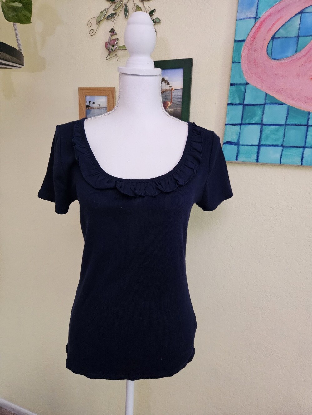 Ralph Lauren Navy Ruffle Scoop Neck Short Sleeve Top Sz P/L